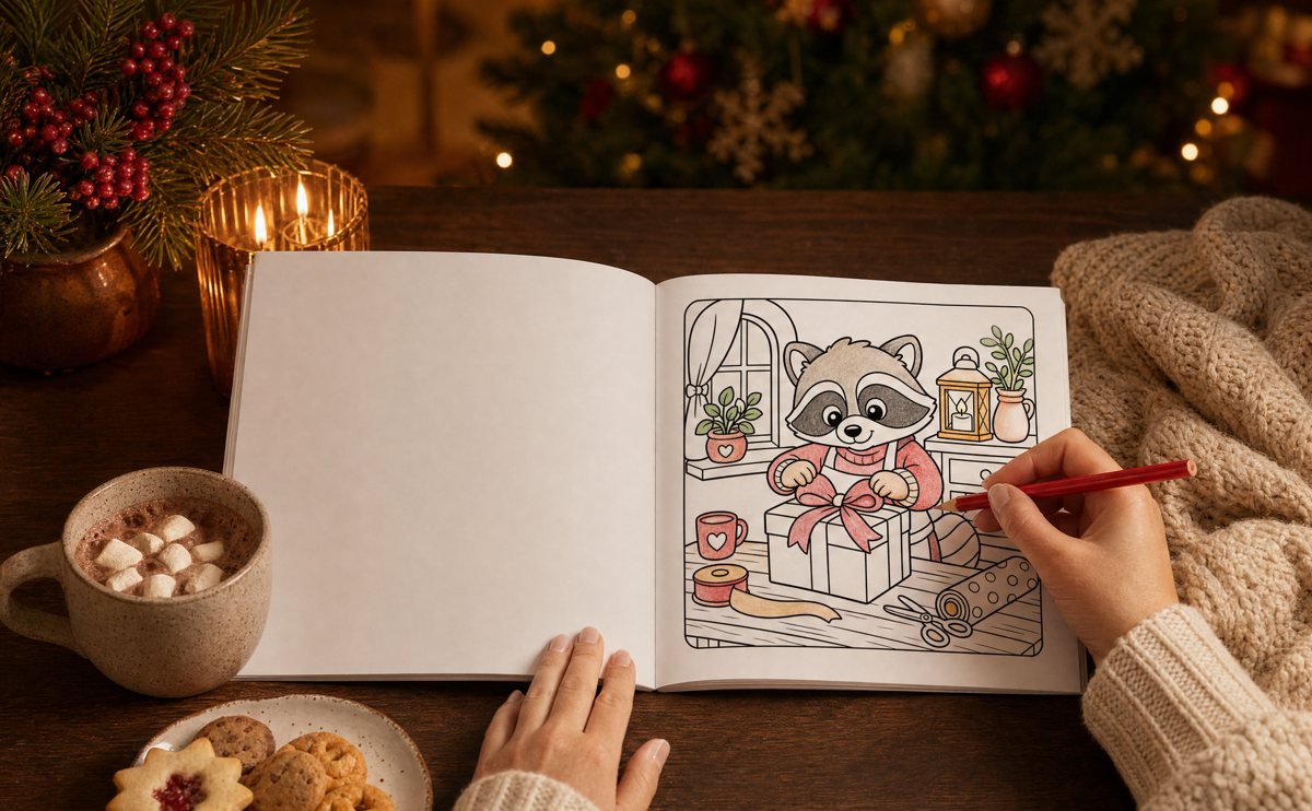 Aufgeschlagenes Weihnachts-Malbuch mit Buntstift und Kakao