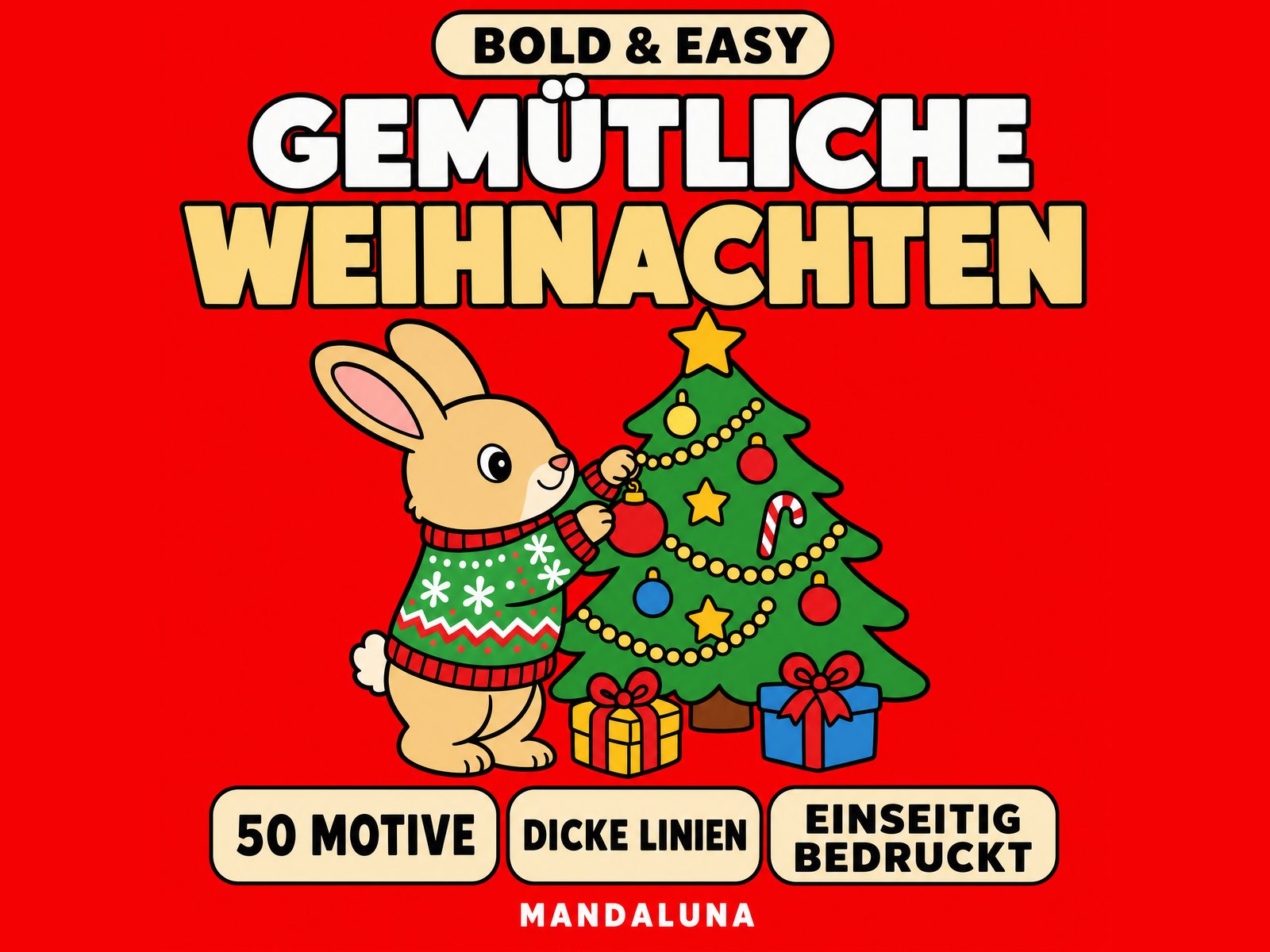 Cover des Malbuchs Gemütliche Weihnachten: Hase schmückt einen Weihnachtsbaum