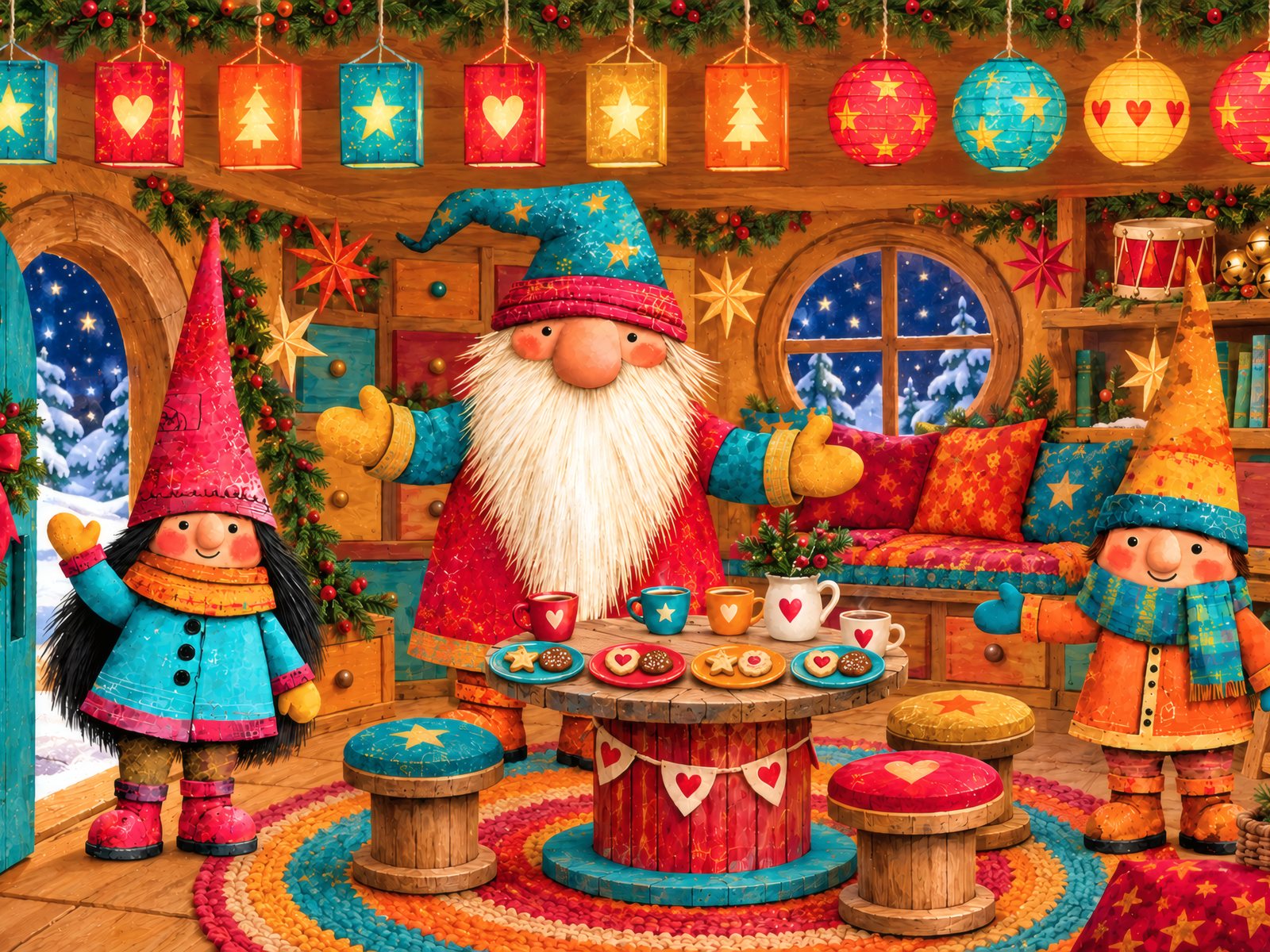 Drei Wichtel in ihrer festlich geschmückten Stube – Illustration aus dem Wichtel-Adventskalender