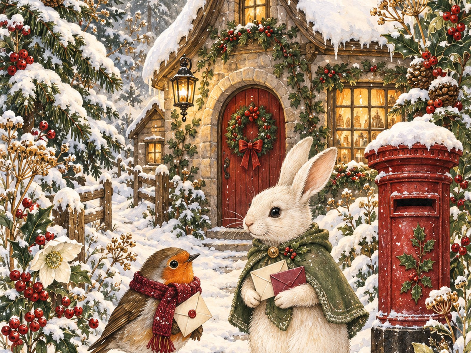Verschneites Häuschen mit Hase und Rotkehlchen am Briefkasten – Titelmotiv des Bastel-Journals Winterpost